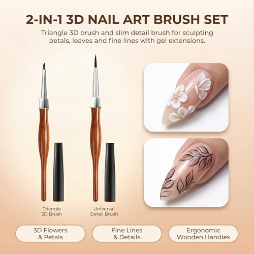 2Pcs Nail Art Brush Set, Multi-Functional 3D Nail Pen for Gel Extensions, Builder Nail Gel Design and Home DIY Manicure (Wood Color) - color: Wood Color 2PCS