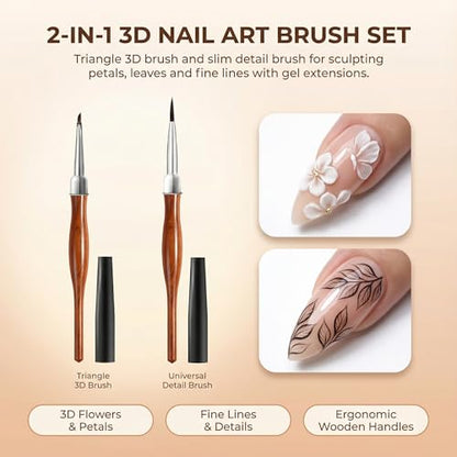 2Pcs Nail Art Brush Set, Multi-Functional 3D Nail Pen for Gel Extensions, Builder Nail Gel Design and Home DIY Manicure (Wood Color) - color: Wood Color 2PCS