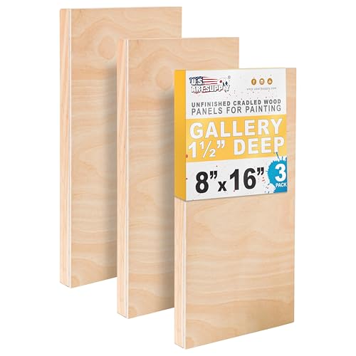 U.S. Art Supply 8" x 16" Unfinished Cradled Wood Panels for Painting, Gallery 1-1/2" Deep (3 Pack) - Artist Depth Wooden Wall Canvases - Mixed-Media Craft, Acrylic, Oil, Encaustic, Paint Pouring - size: 8" x 16"