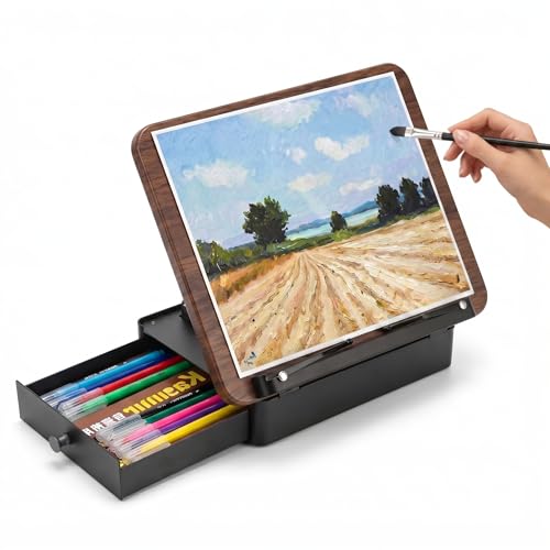 Tabletop Easel for Painting with Storage, Adjustable Wood Drafting Table Easel, 16.5"x11.8" Table Easel, Multi-Functional Desktop Drawing Board for Sketching, Watercolor, Reading (Walnut Effect) - color: Walnut Effect