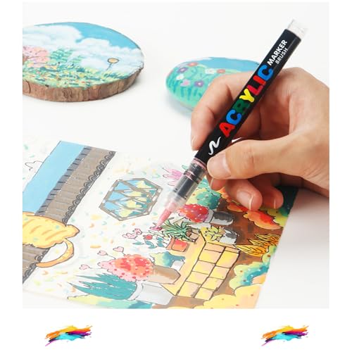 Bisofice Acrylic Paint Markers Set with Nylon Brush Tip Fast Drying Ink for Rock Glass Wood Ceramic Canvas Fabric Plastic Metal Tire Leather Smooth Coverage with 10pcs Elastic Nib (366)