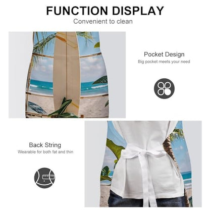 Bib Aprons Waterproof Chef Apron Fashion Painting Artist Apron | Surfboard on Wooden Apron for Men Women Adjustable Cooking Apron Funny Kitchen Aprons Polyester Art Aprons