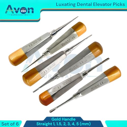 Set of 6pcs Apical Root Tooth Extraction Elevators 1mm, 1.5mm, 2mm, 3mm, 4mm, 5mm (Straight Tip) - Autoclave-Safe German Stainless Steel