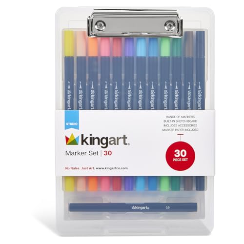 KINGART Studio Marker Set with Drawing Board Case, 30 Pcs, Twin-Tip Markers, Drawing Board with 16 Sheets