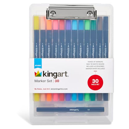 KINGART Studio Marker Set with Drawing Board Case, 30 Pcs, Twin-Tip Markers, Drawing Board with 16 Sheets