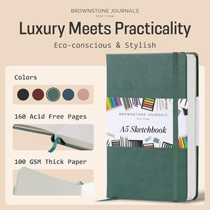 BROWNSTONE JOURNALS A5 Sketch Book Hardcover - 80 Sheets 100 GSM Paper 5"x8", Lay Flat, Vegan Leather Cover, Elastic Band, Back Pocket, Art Drawing Book (Dartmouth Green) - color: Dartmouth Green, size: A5 (5" x 8")