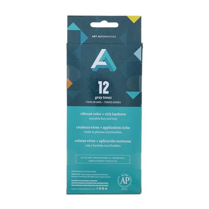 Art Alternatives Artist Soft Pastel Set, 12-Pieces, Gray - Reusable Inner Tray, Vibrant Colors, Rich Lay Down - 2-5/8" x 3/8" Stick Size - color: Gray Tones