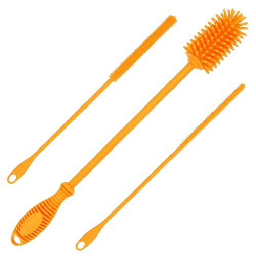 Kitchiny Silicone Bottle Brush with 2 Straw Cleaners - 12.5” Water Bottle Cleaner Brush for Yeti, Hydro Flask, Owala, Stanley, Baby Bottles, Glassware, Vases & Narrow Neck Containers - Orange - color: Orange