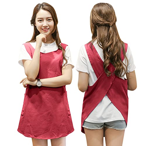 Shortened Design Apron, Japanese Style Soft Cotton Linen Apron with Two Side Pockets, X Cross Halter Aprons, Kitchen Cooking Clothes Gi/ft for Women DIY Project, Crafting, Cooking, Baking(Wine Red) - color: Red, style: 1# Style-rounded Edge