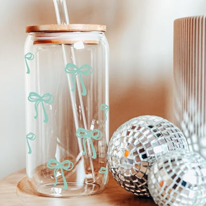 BIPEDS Coquette Cute Sage Green Bow Glass Cups with Lids and Straws, Aesthetic Iced Coffee Cup Girly Preppy Tumbler Mug, Christmas Valentines Birthday Gifts for Women, Teen Girl Gifts Trendy Stuff - color: 06-Bow-Sage Green