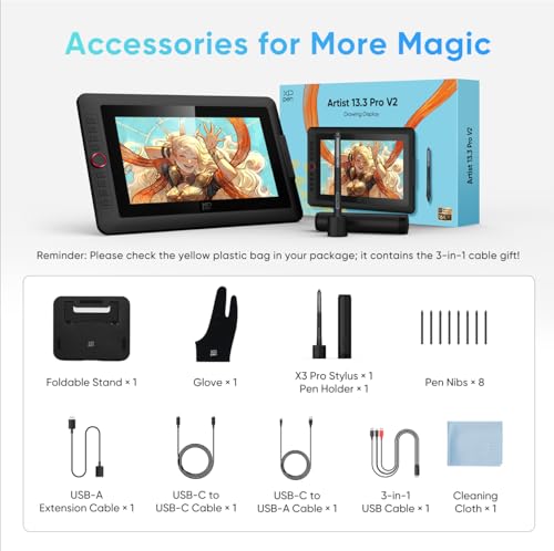 XP-PEN Artist 13.3 Pro V2 Drawing Tablet with Screen, 16K Pressure Sensitivity Digital Drawing Tablet for PC Mac Chromebook Android, Fully Laminated Graphic Tablet with Pen, Foldable Stand Included - color: black, size: 13.3 inch