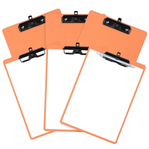 FRETONBA Orange Clipboard with Pen Holder, Set of 6 Plastic Clipboard with Low Profile Metal Clip, Hanging Clipboards Holds 8.5x11 Inch Papers, Standard A4 Letter Size Clip Boards for Office & School - style: 6 Pack-Orange