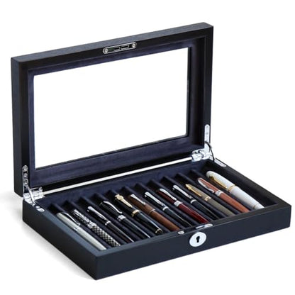 Wood Pen Display Case with 12 Pens, Fountain Pen Display Box, Lockable Pen Storage Box with Glass Top, Pen Box Organizer, Pen Collection Display Case (Black with Gray Velvet) - color: Black 12 Slots, Gray Velvet