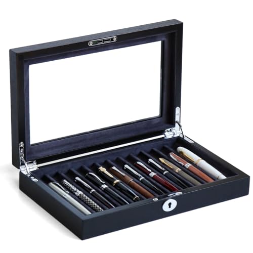 Wood Pen Display Case with 12 Pens, Fountain Pen Display Box, Lockable Pen Storage Box with Glass Top, Pen Box Organizer, Pen Collection Display Case (Black with Gray Velvet) - color: Black 12 Slots, Gray Velvet