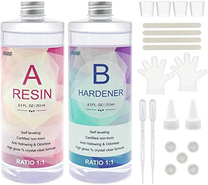Epoxy Resin, Demorex Resin Kit Crystal Clear-Not Yellowing and No Bubble Self Leveling Easy Mix 1:1 Casting & Coating for DIY Jewelry Making, Art Crafts, Wood & Resin Molds (17oz) - size: 17OZ