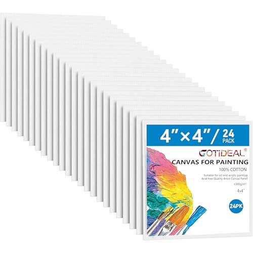 GOTIDEAL Canvases for Painting, 4x4 inch of 24, Professional Primed White Blank Flat Canvas Panels- 100% Cotton Artist Canvas Boards for Acrylics Painting, Oil Watercolor Tempera - size: 4"x4"