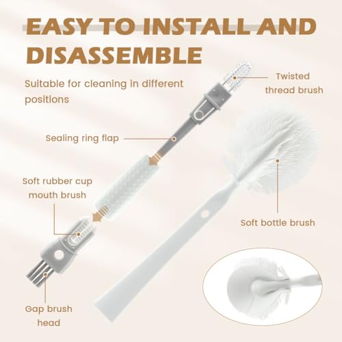 4 Pack Bottle Washer Set,5-in-1 Water Bottle Cleaner Brush,13.5“ Travel Bottle Brush Cleaner,11“ 7“ Straw Cleaner Brush for Stanley,Removable Nipple Brush,Detail Brush for Cup Lid Gap