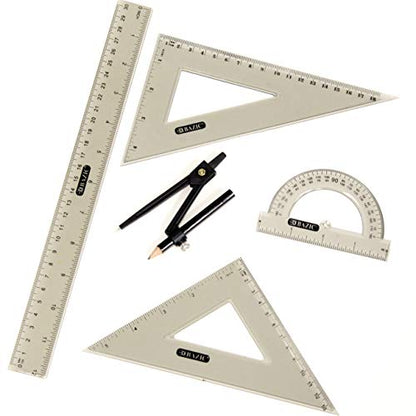 BAZIC Math Geometry Set 5 Pieces, Compass, Protractor, Ruler, 2 Triangle Rulers, Plastic Clear Measuring Sets for Students Professional, 1-Pack | 4-piece geometry set (12 in ruler; 30/60 and 45/90 triangles; 180-degree protractor) plus a compass