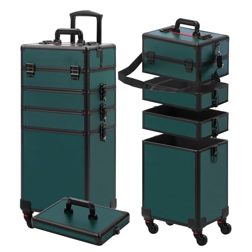 Somduy Makeup Train Case, Rolling Makeup Case with Lid, 5 in 1 Cosmetology Case on Wheels, Christmas Gift, Large Makeup Case Organizers, Profesional Cosmetic Case for Salon Barber, Black Green - color: Black Green