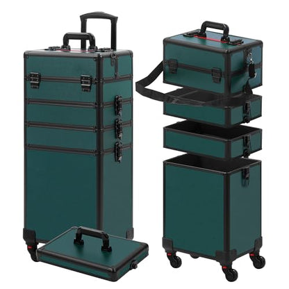 Somduy Makeup Train Case, Rolling Makeup Case with Lid, 5 in 1 Cosmetology Case on Wheels, Christmas Gift, Large Makeup Case Organizers, Profesional Cosmetic Case for Salon Barber, Black Green - color: Black Green