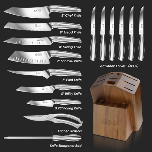 DDF iohEF Kitchen Knife Set with Block, 16 PCS Knife Sets for Kitchen with Block Japanese Stainless Steel, Ultra Sharp Chef Knife Set with Sharpener - color: 16PCS Kitchen Knives