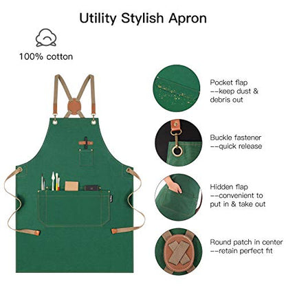 Chef Apron with Cross Back Straps for Men Women, Cotton Canvas Apron for Artists Painting, Kitchen Cooking - color: Green