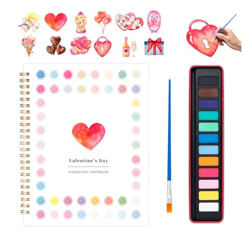 Valentine's Day Watercolor Workbook for Adults, Beginner Friendly Watercolor Painting Kit Pattern Water Coloring Book, Valentines Themed Practice Art Gift Water Color Paint Book with Palette Brush - color: Love Day
