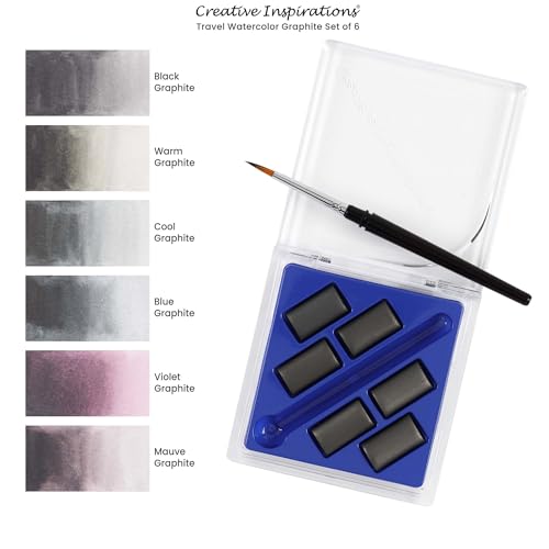 Creative Inspirations Professional Watercolor Paint Set, 12 Pack - Compact Graphite Half Pan Travel Set of 6 with Mini Brush - color: Graphite, size: 6 Count (Pack of 12)