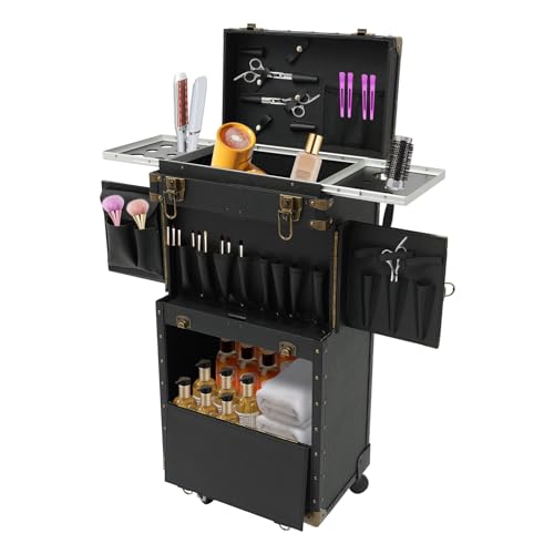 PVC Rolling Hairdressing Case with Reinforced Wooden Frame & Password Locks, Professional Barber Makeup Tool Organizer with Wheels, Salon Storage Trolley for Hairstylist Travel - color: Black&Golden