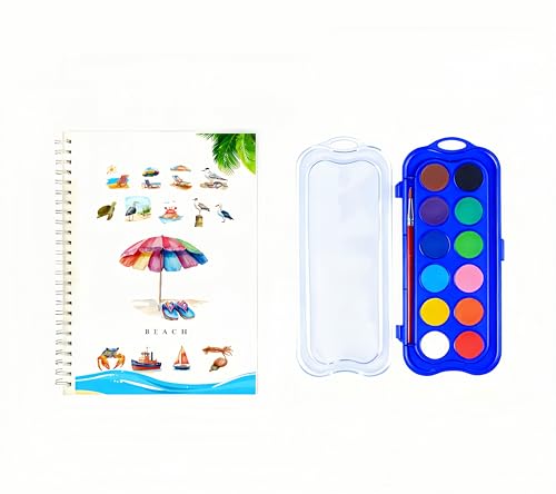 Watercolor Workbook，Water Paint Adult Set，Easy Coloring Book for Adults,Beautiful Paintings for Beginner（Fruit - Album (Beach -12 colors) - color: Beach -12 colors