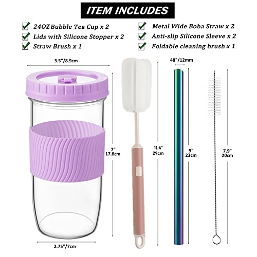 Amyoole 2 Pack Reusable Boba Cup,24Oz Wide Mouth Smoothie Cup,mason Jar Glass Cups with Lids and Straws,Bubble/Boba Tea Cups,Ice Coffee Tumbler 2 colored straws 1 sponge brush(Purple) - color: Purple
