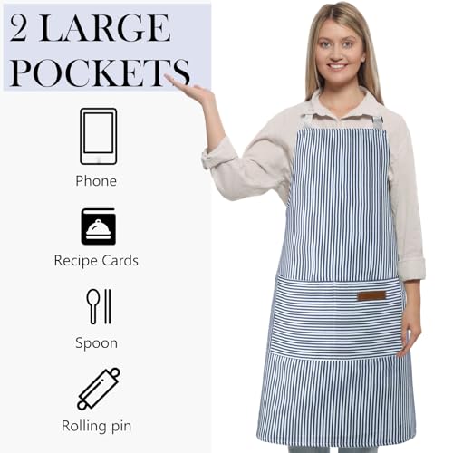 Handepo 4 Pcs Kitchen Aprons with Pockets Adjustable Waterproof Cotton Aprons Striped Apron for Women Men Chef Gift for Dad - color: Black, Pink, Gray, Blue