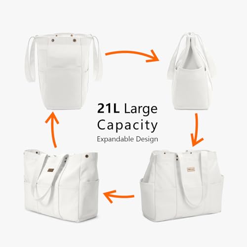 TOPDesign Large Canvas Tote Bag for Women, Shoulder Bag with Laptop Sleeve & Pockets, Everything Tote for Travel, Work (White) - color: White