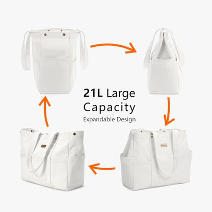 TOPDesign Large Canvas Tote Bag for Women, Shoulder Bag with Laptop Sleeve & Pockets, Everything Tote for Travel, Work (White) - color: White