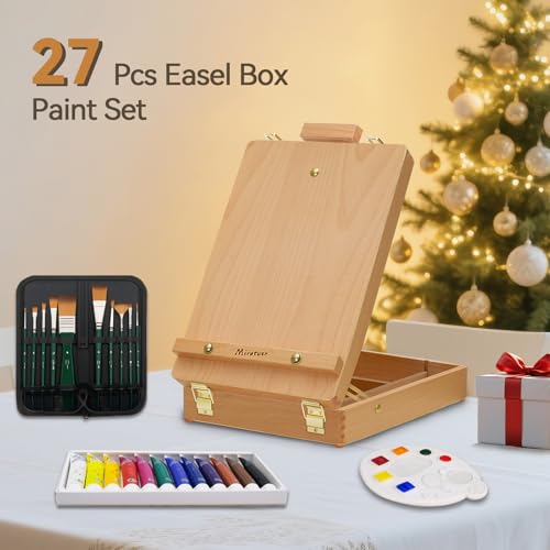 Deluxe Art Supplies 27 Pieces Art Set with Tabletop Easel, 12 Colors Acrylic Paint, 10 Paint Brushes, 3 Canvas Panels, Palettes - style: Sketchbox Set