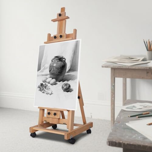 Movable Large H-Frame Painting Easel, 56 To 91" Adjustable Artist Studio Easel with Wheels & Tilting Flat Available, Premium Beech Wood, Heavy Duty Art Easel Stand for Home Drawing Studios Museums Etc