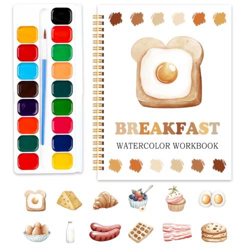 Breakfast Watercolor Workbook, Water Coloring Book, 12 Patterns, 18 Colors Watercolor Paint Set, Breakfast Buddies Watercolor Kit for Beginners, Fun Family Art Activity and Gift - color: breakfast