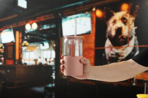 Sunseeke Glass Tumbler with Straw and Lid, 16oz Ice Coffee Cup, Silicone Sleeve Cleaning Brushes, Drinking Glasses for Water, Iced Coffee, Smoothie -BPA Free -3 Pack - color: Sandy Beige, White, Slate blue-gray