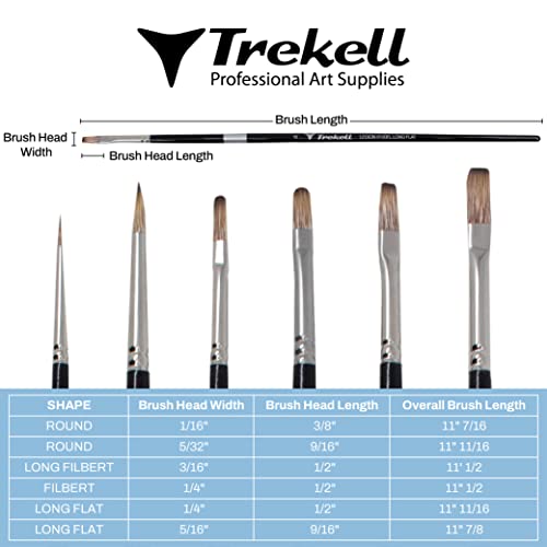 Trekell Legion Bristle Acrylic Paint Brush Set - Assorted Professional Paint Brushes for Oil Paint and Gouache - 10" Brush Handles, 6 Piece Set