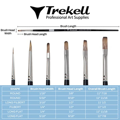 Trekell Legion Bristle Acrylic Paint Brush Set - Assorted Professional Paint Brushes for Oil Paint and Gouache - 10" Brush Handles, 6 Piece Set