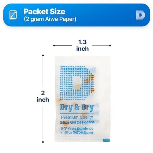 Dry & Dry 2 Gram [60 Packets] Orange Indicating Silica Gel Packets Desiccants Silica Packets - Rechargeable Moisture Absorbers for Food Storage, Electronics, 3D Filament & Safes - size: 2 Gram