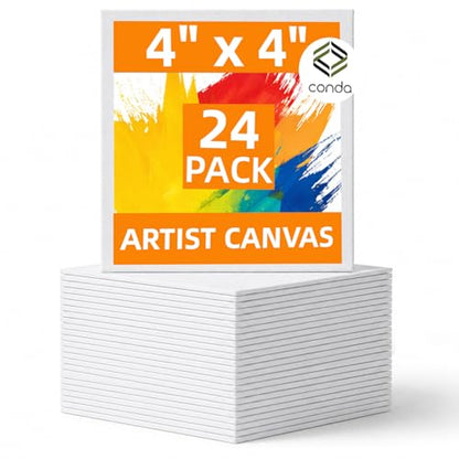 CONDA 24 Pack 4x4 Inch Mini Blank Canvas for Painting, 100% Cotton Stretched Canvas with Pinewood Frame, Acid-Free Primed Mini Square Canvas for Acrylic Oil Painting, Classroom Art & Party Decor