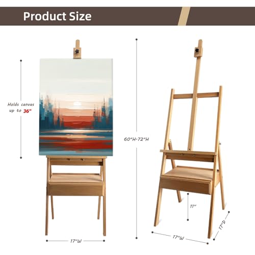 Large Solid Beech Wood Painting Easel with Storage Drawer(60"~75" H), H-Frame Adjustable Wooden Easel Stand with Signature Box for Adults, Students,Sturdy Canvas Holder up to 36'' - style: Easel