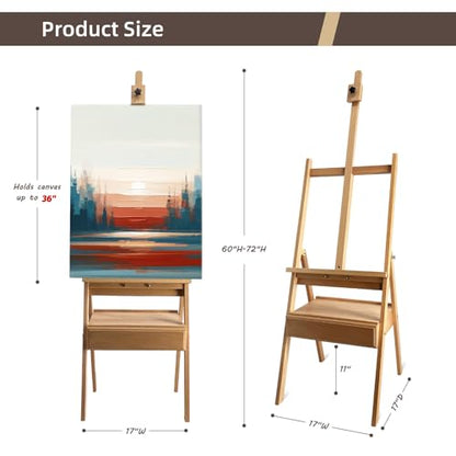Large Solid Beech Wood Painting Easel with Storage Drawer(60"~75" H), H-Frame Adjustable Wooden Easel Stand with Signature Box for Adults, Students,Sturdy Canvas Holder up to 36'' - style: Easel