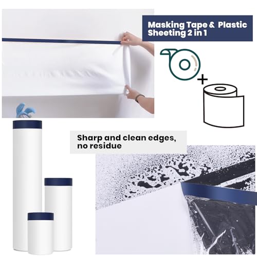 ADHES Painters Plastic with Tape, 48 inch x 90 feet x 3 Rolls Painters Tape with Plastic Attached, Pre Taped Masking Film Tape and Drape for Automotive Painting Covering - size: 48inch