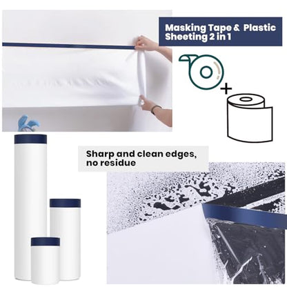 ADHES Painters Plastic with Tape, Painters Tape with Plastic Attached, Pre Taped Masking Film Tape and Drape for Automotive Painting Covering, 90 feet, 3 Sizes - size: 24inch+48inch+102inch