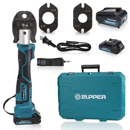 ZUPPER Mini Press Tool Pressing Kits Set | with 3 PEX Crimp Dies F1807 1/2” 3/4“ 1” 18V Brushless Motor 2pcs 2Ah Battery Domestic and Industrial - size: 3 PEX Dies (1/2", 3/4", 1")