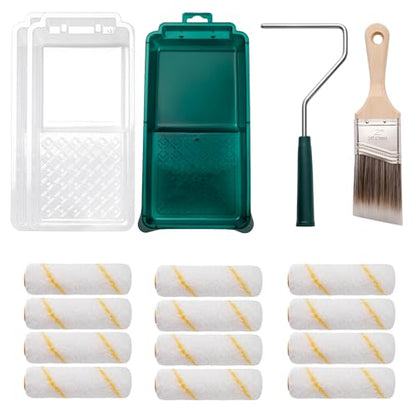Paint Roller Kit, 17 Pack, 4 Inch Paint Roller, Small Paint Roller with Tray Liners, Paint Brushes for Walls, Microfiber Roller Covers, Mini Paint Kit for Painting Doors, Cabinets and Home - color: 4" paint roller kits, paint brush
