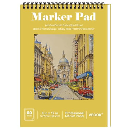 Bewinfy Marker Pad, 60 Sheets, 80lb/120gsm 9" x 12" Dual Sided Painting Marker Paper, Acid Lignin Free Bleedproof Professional Grade Sketch Book for Drawing(PP-01)