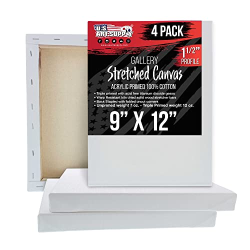 U.S. Art Supply Medium Stretched Canvas for Painting 9x12 inch Gallery Depth 1-1/2" Thick, 4-Pack - 12oz Acrylic Gesso Triple Primed, Professional Artist Quality, 100% Cotton - Oil, Pouring Paint - size: 9" x 12"